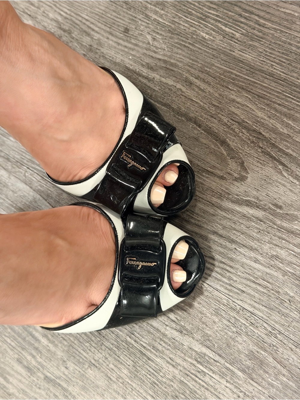 Salvatore Ferragamo Black and White Patent Peep-Toe Heels
